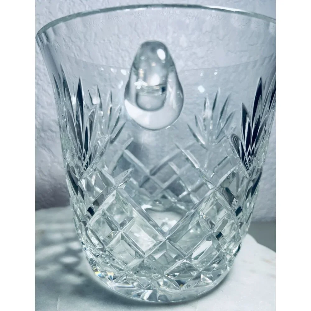 Crystal Champaign Ice Bucket Diamond Cut Swirled‎ Scroll Handles 8X8